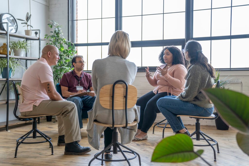 Group therapy circle for addiction and support sections