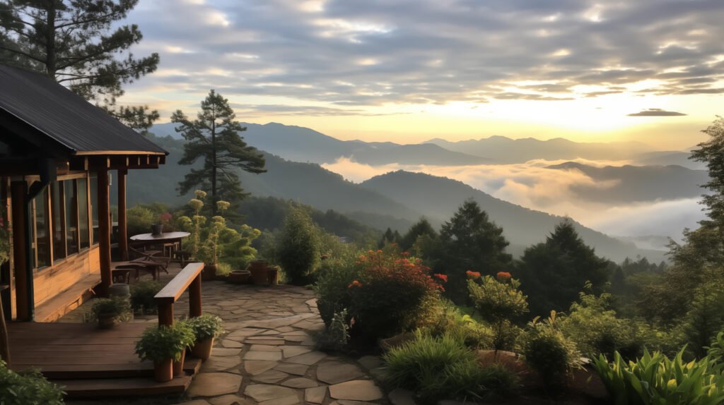 Peaceful mountain landscape for service area and reflection sections